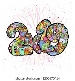 New year 2K19. Monster doodle date. Ornate holiday symbol. Vector illustration for prints and design on a blackboard
