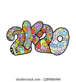 New year 2K20. Monster doodle date. Ornate holiday symbol. Vector illustration for prints and design.