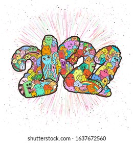 New year 2K21. Monster doodle date. Ornate holiday symbol. Vector illustration for prints and design.