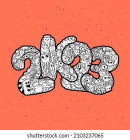 New year 2K23. Monster doodle date. Ornate holiday symbol. Vector illustration for prints, design and coloring pages.