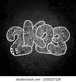 New year 2K23. Monster doodle date. Ornate holiday symbol. Vector illustration for prints and design on a blackboard