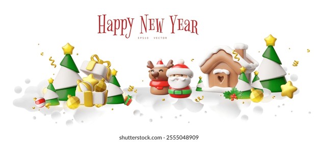 New Year 3D banner with traditional Christmas figurines on white background. Vector illustration of Santa Claus, deer, fir tree, toys, gingerbread house and open gift box. Plastic style.