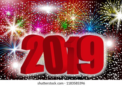 New Year 3D design 2019 with sparkling colorful fireworks. Red number to holiday background. Vector Illustration.