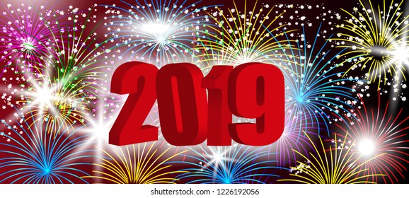 New Year 3D design 2019 with sparkling colorful fireworks. Red number to holiday background. Vector Illustration.