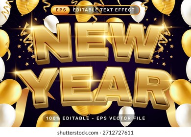 new year 3d text effect and editable text effect with luxury background and balloon decorations