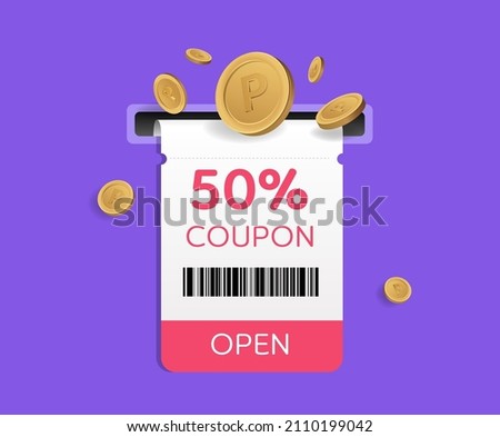 In the new year, 50% coupon will be given when accessing the app illustration set. discount, bar code, coin, open, letter. Vector drawing. Hand drawn style.