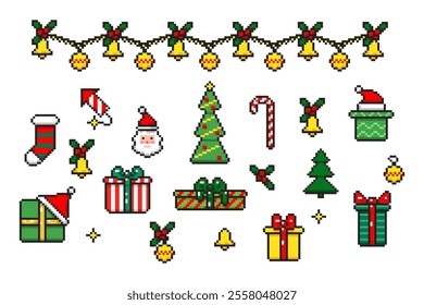 New Year 8bit icons set. Christmas pixel art set of icons, christmas tree, santa, fireworks, bell, garland, sock, lollipop, gift.