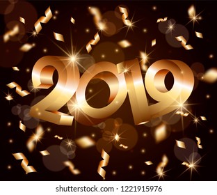 New Year abstract 3d vector background with golden 3D numbers 2019,greeting card,web online concept.Lens flares,confetti,glowing stars,light flashes,highlight circles on black backdrop