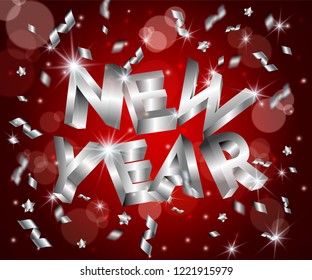 New Year abstract 3d vector background with silver 3D letters word,greeting card,web online concept.Lens flares,confetti,glowing stars,light flashes,highlight circles on deep red backdrop