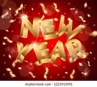 New Year abstract 3d vector background with silver 3D letters word,greeting card,web online concept.Lens flares,confetti,glowing stars,light flashes,highlight circles on deep red backdrop