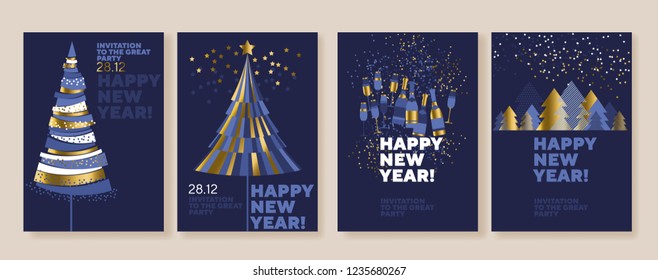 New Year and abstract Christmas tree posters collection. Gold and blue xmas minimal illustration for winter design projects, office party invitation, postcards.