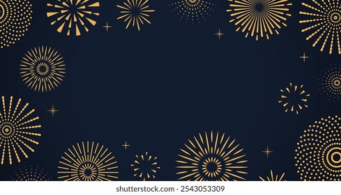 Silvester abstraktes goldenes Feuerwerk dunkelblauer Hintergrund, Postkarte, Banner