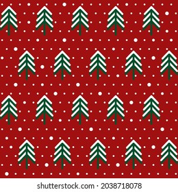 New Year abstract seamless pattern with fir trees and snowballs on dark red warm background. Creates festive vibes of Christmas.