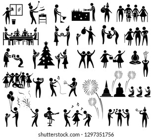 new year activity icon set, clean house, make food, sweep, family, eat together, redeem gifts, take care parents, friend, playing, socialize, shopping, pay respect to ancestors, dance, music, fun 