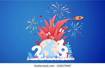 New year advertising design. Santa Claus with gift box and fireworks over big letters 2019 and globe Earth on blue background. Vector paper cut art illustration for banners, headers, posters, stickers