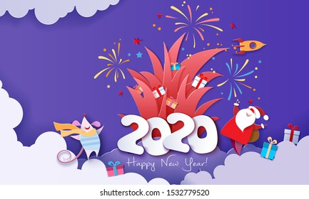 New year advertising design. Santa Claus with gift box and fireworks over big letters 2020 on blue background. Vector paper cut art illustration for promotion banners, headers, posters, stickers