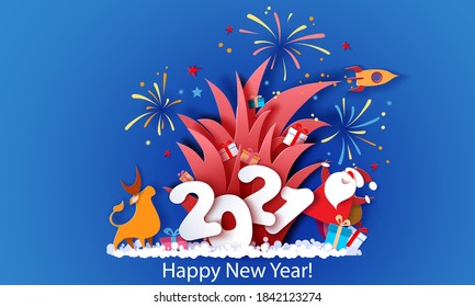 New year advertising design. Santa Claus with bull and fireworks over big letters 2021 on blue background. Vector paper cut art illustration for promotion banners, headers, posters, stickers