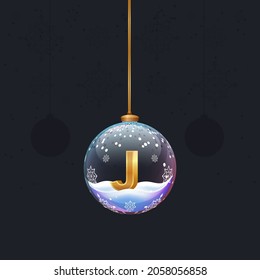 New year alphabet letter in glass christmas  toy. Golden 3D  letter J inside. Decoration element for design banner, poster or flyer