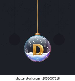 New year alphabet letter in glass christmas  toy. Golden 3D  letter D inside. Decoration element for design banner, poster or flyer