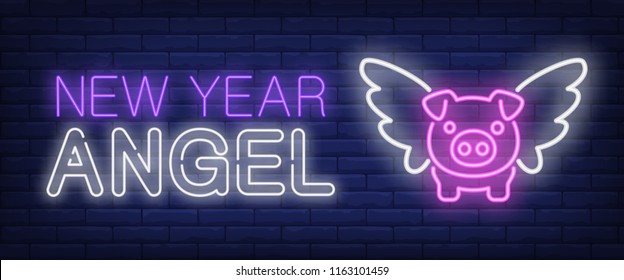 New Year angel neon text and pig with wings. New Year day and Christmas design. Night bright neon sign, colorful billboard, light banner. Vector illustration in neon style.