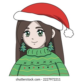 New year anime girl with earrings Christmas trees in christmas sweater and santa claus hat vector illustration isolated on white background. Cartoon cute kawaii girl christmas card. 