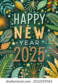 New Year Announcement Design with Abstract Hand Drawn Plants and Festive Shapes