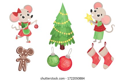 New Year Attributes with Mouse Character and Fir Tree Vector Set