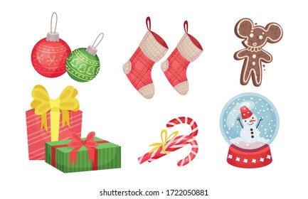 New Year Attributes with Sock for Presents and Gingerbread Mouse Vector Set