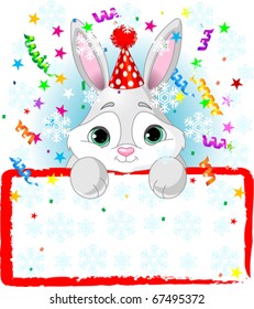 New Year Baby Bunny Wearing A Party Hat, Looking Over A Blank Starry Sign