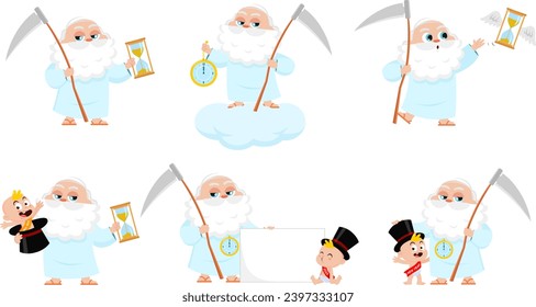 New Year Baby And Father Time Man Cartoon Characters. Vector Flat Design Collection Set Isolated On Transparent Background