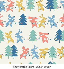 New Year and baby seamless pattern hand drawn funny Rabbits symbol 2023. New Year Party concept, winter holidays concept. For gift wrapping paper and other design projectswith