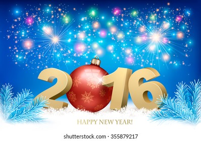 New Year background with a 2016 and a bauble. Vector.