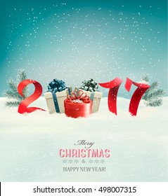 New Year background with a 2017 and gift boxes. Vector.