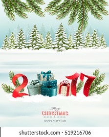 New Year background with a 2017 and gift boxes. Vector