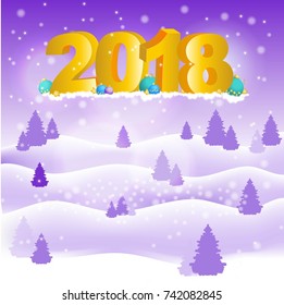 New Year background with 2018 and hills and purple trees.Vector