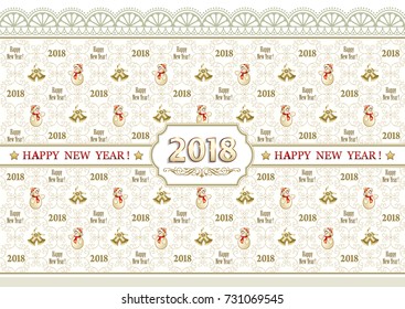 New Year background 2018 with a snowman and bells on the background of the ornamentt. Vector illustration