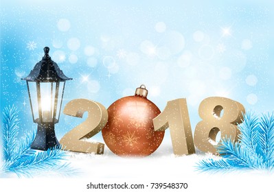 New Year background with a 2018 with street lamp and Christmas ornament, ball, evergreen. Vector.