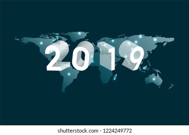 New Year background, 2019 3d illustration number with world map and copy space.