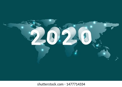 New Year background, 2020 3d illustration number with world map and copy space.