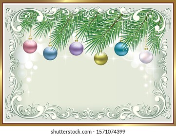 New Year background 2020 with balls in a decorative frame. Holiday greeting card. Vector illustration