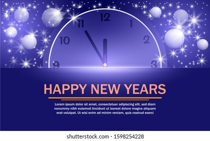 New year background 2020, pantone blue, with sparkling lights and a clock in the middle. Vector eps10.