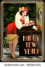 New year background in art deco style, flapper girl with martini. vector illustration