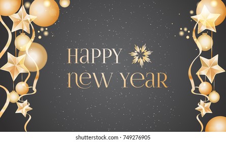 New year background with balls and stars on black background