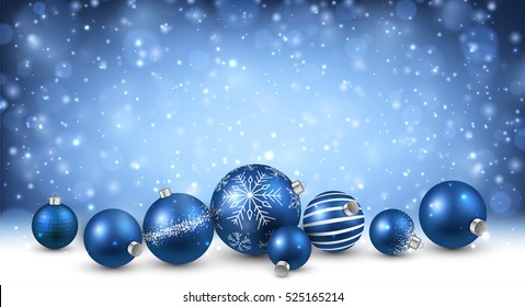 New Year background with blue Christmas balls. Vector illustration.