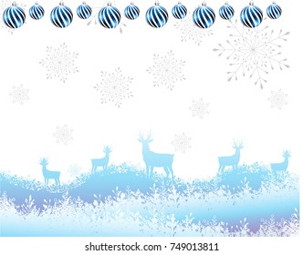 New Year background with blue Christmas balls and deer. Vector illustrations