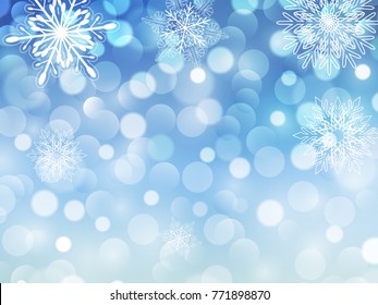 New year background blue glitering bokeh lights and snowflakes, christmas snow background.