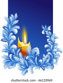 New year background with burning candle and frosty twig