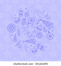 New Year background, Christmas balls, pine tree, gifts, snowflakes, stars.