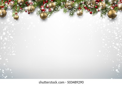 New Year background with Christmas balls and fir branches. Vector illustration.