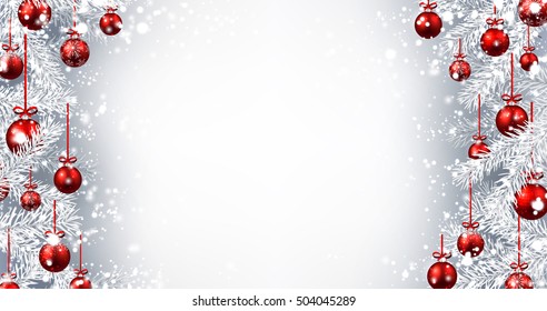 New Year background with Christmas balls and fir branches. Vector illustration.